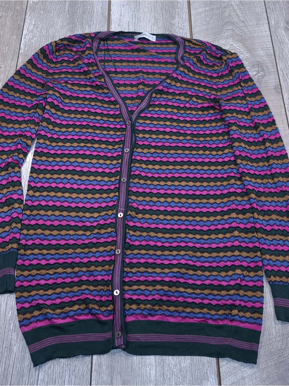 Zara vibrant Knit multi-color wave-pattern V-neck cardigan size large